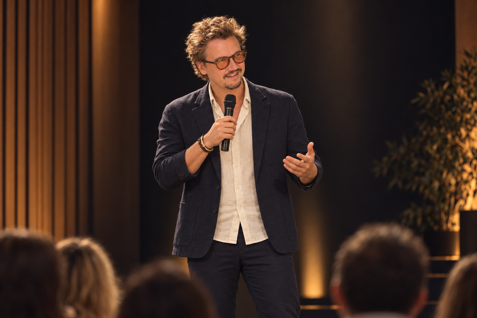 AI-created preview of Misha speaking with a microphone on a warmly lit stage in front of a small audience